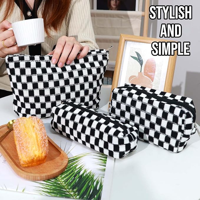 3 Pcs Makeup Bag Cosmetic Bag Set for Girls Women Checkered Travel Organizer Bathroom Toiletry Pouch Large Capacity Storage Bag (Black-White)