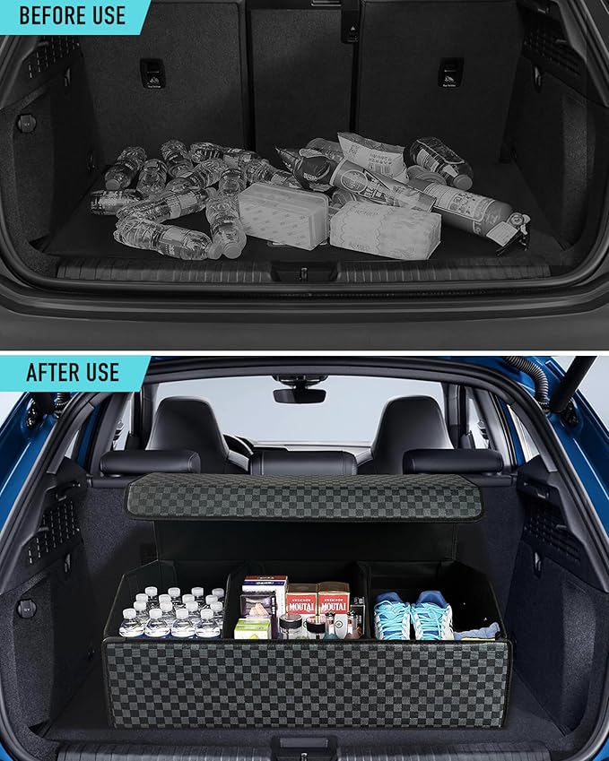 Fyzeoty Trunk Organizer for SUV - Leather Storage Box, Extra Large, Magnetic Lid, Collapsible and Adjustable Car Organizer