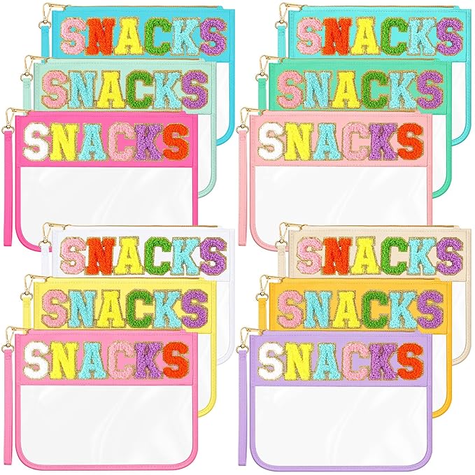 Abbylike 12 Pcs Snack Bags Clear Chenille Letter Snacks Zipper Pouch Waterproof PVC Large Travel Makeup Cosmetic Storage Organizer Bag for Mom Team Cheerleaders Teacher (Multicolor)