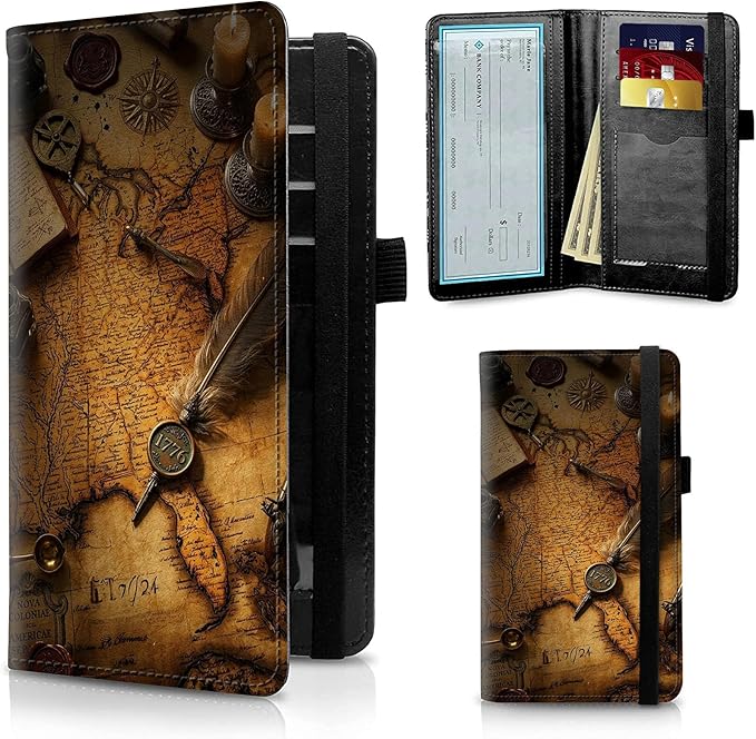 FUYOCWE Leather Checkbook Cover for Men & Women, Checkbook Holder Wallet RFID Blocking | 1776 Patriotic Vintage American Map