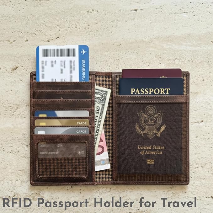 SETTINI Genuine Leather Passport Holder for Travel — RFID Blocking Passport Wallet for Men & Women, Compass Design, 6 Card Slots, ID Window, Travel Gift in Gift Box