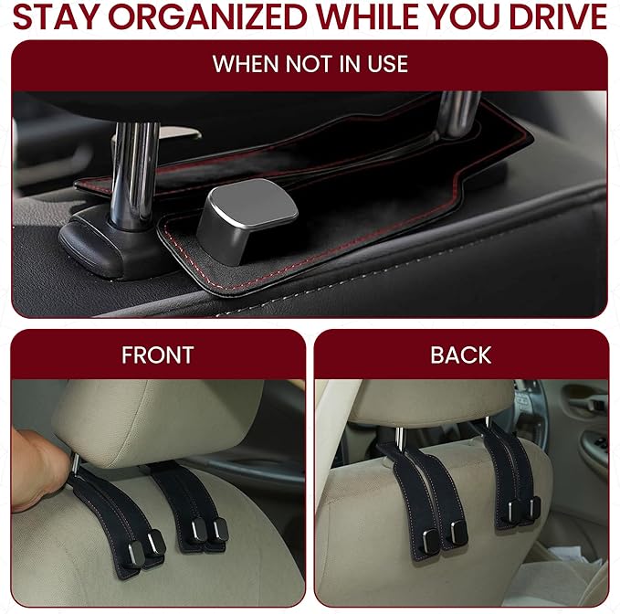 4 Pack Double Car Purse Hook Holds Up to 25 kg / 55 lbs XL Faux Leather with Durable Metal Hook (2.7x2cm) – Perfect Headrest Hooks for Car to Organize Bags and Essentials (Black)