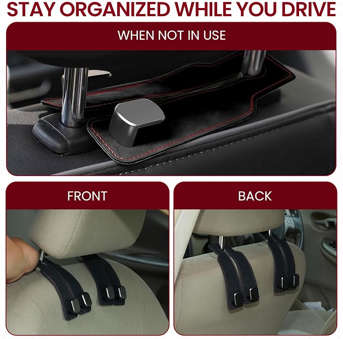 2 Pack Double Car Purse Hook Holds Up to 25 kg / 55 lbs XL Faux Leather with Durable Metal Hook (2.7x2cm) – Perfect Headrest Hooks for Car to Organize Bags and Essentials (Black)