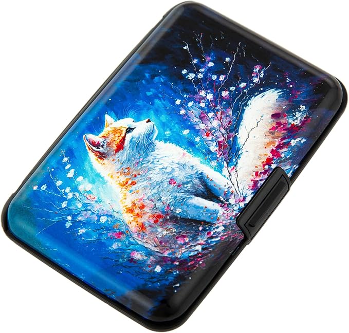 Credit Card Holder for Women Men RFID Blocking Wallet Small Business Metal Slim Mini Aluminum Hard Case (Cat Painting)