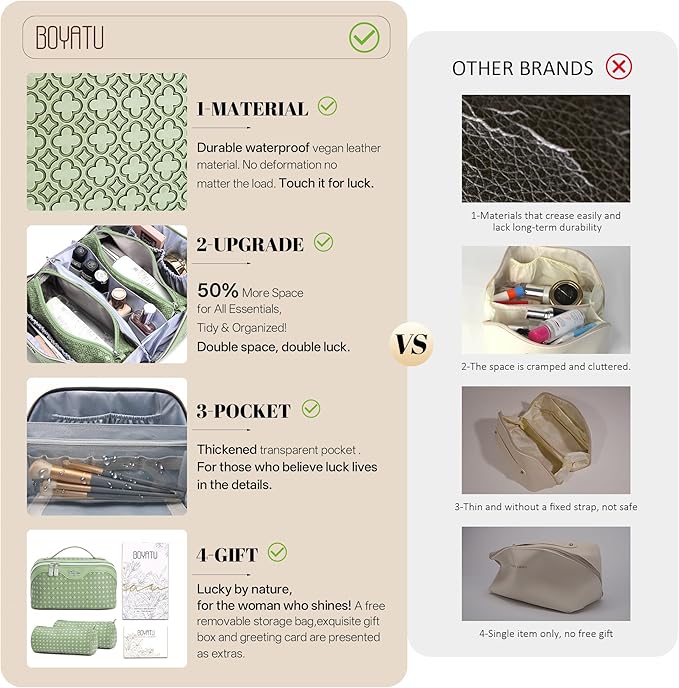 BOYATU Travel Makeup Bag for Women: Four Leaf Clover Large Capacity 3 Pcs Set Cosmetic Bags - Waterproof 50% Extra Space for Toiletry Organizer - Travel Essentials for Fortunate (01 Light Green)