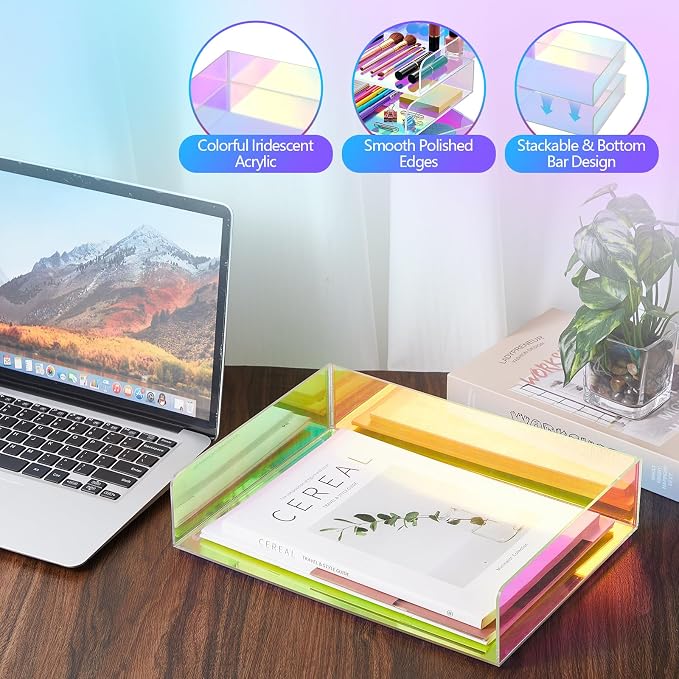 Suzile 3 Pcs Iridescent Acrylic Letter Organizer 12.6 x 9.5 x 2.8 Inches Stackable Iridescent Letter Tray Paper Tray for Desk File Document Folder Notebooks Stationery Office Accessories (Horizontal)