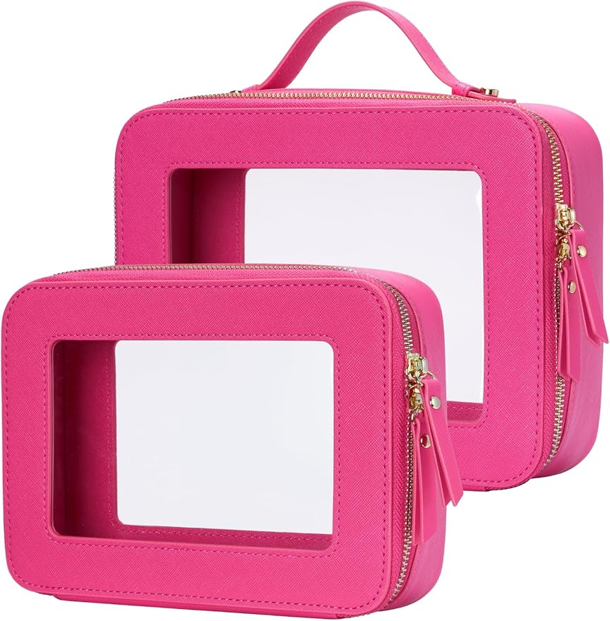 Popvibe Clear Makeup Bag Travel Cosmetic Case Transparent Toiletry Bag with Zipper, Portable Make Up Organizer Traveling Compact Car Bag for Essentials, Hotpink, Medium and Large