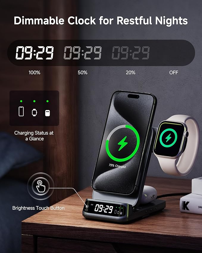 Wireless Charger Stand Compatible with MagSafe, SwanScout 708M, Foldable 3 in 1 Magnetic Wireless Charging Station for iPhone Air/17/16/15 Series, Travel Charger for Apple Watch, AirPods (No Adapter)