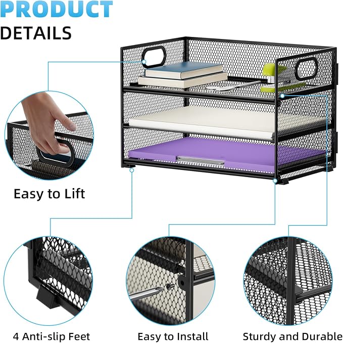 Marbrasse 3 Tier Paper Organizer Letter Tray, Mesh File Organizer with Handle, Paper Sorter Desk Organizer for Home Office Supplies