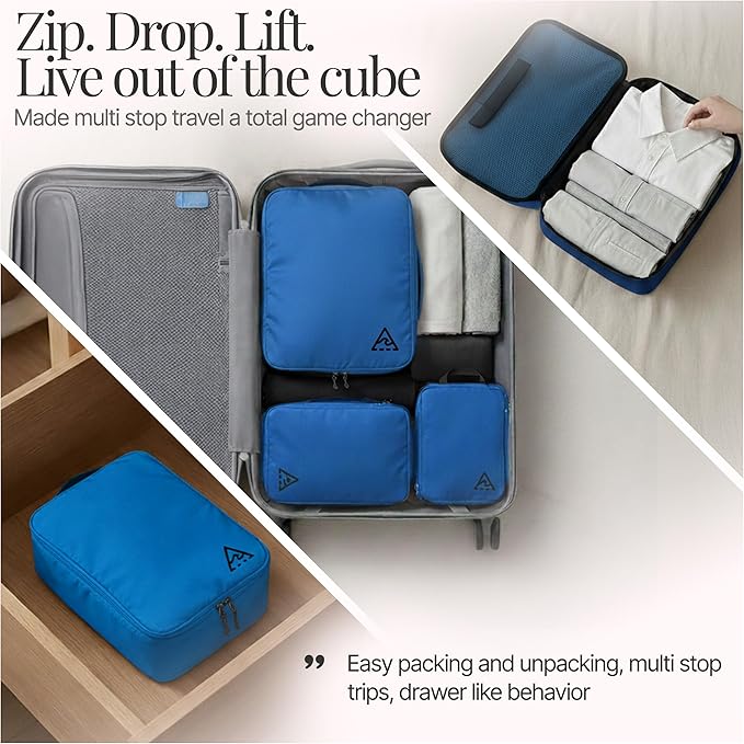 Well Traveled 8 pcs Compression Packing Bags Cubes Set with HybridMax Double-Capacity Design - Packing Cubes for Travel Compression to Maximize Limited Luggage Space, Blue