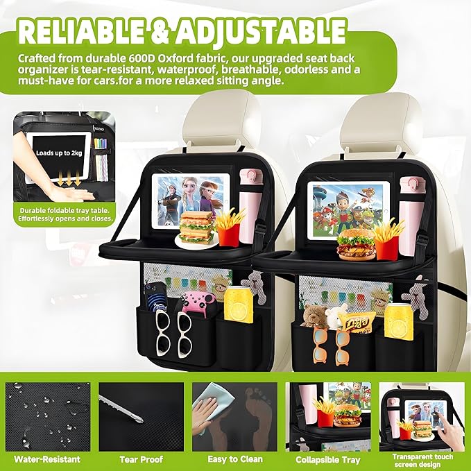 2PCS Backseat Car Organizer with Foldable Tray-9+2 Pockets Car Organizer and Storage,Car Seat Back Protector Road Trip Essentials Storage Caddy/Stuff for Cars/Truck/SUV Christmas Gifts