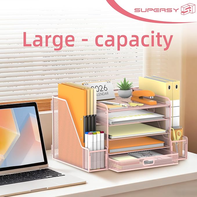 SUPEASY Mesh Desk Organizer with File Holder, 5-Tier Paper Letter Tray Organizer with Magazine Holder, Desktop Organizer and Storage with Drawer for Office Supplies Home or School (Pink)