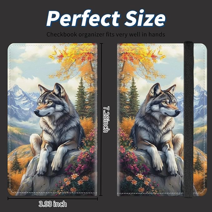 Check Book Cover for Personal Checkbook with Duplicate Checks for Women's & Men PU Leather Wallets Check Book Holder with Pen Card Slots Elastic Strap,Deep Forest Wolf