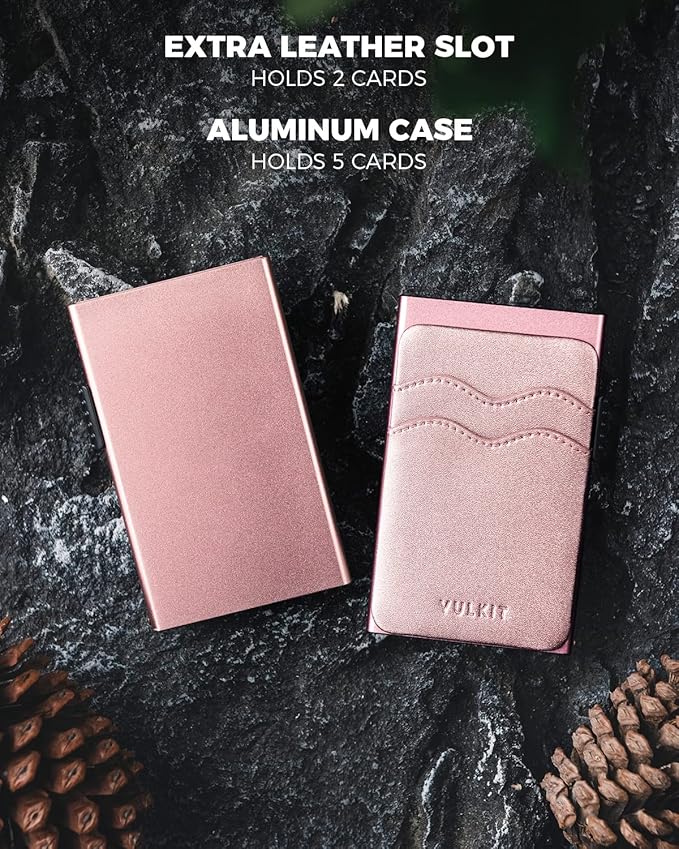 VULKIT Credit Card Holder Minimalist Slim Pop Up Wallet with Leather Slots RFID Blocking for Men and Women Holds 7 Cards and Notes Pearl Pink
