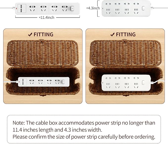 Cable Management Box, Desk Handwoven Rattan Cord Hider Cable Organizer Box With Lid Button Lock, Power Strip Cover Wicker Decorative Basket, Floor Wire Hiding Extension Cord Box (dark brown)