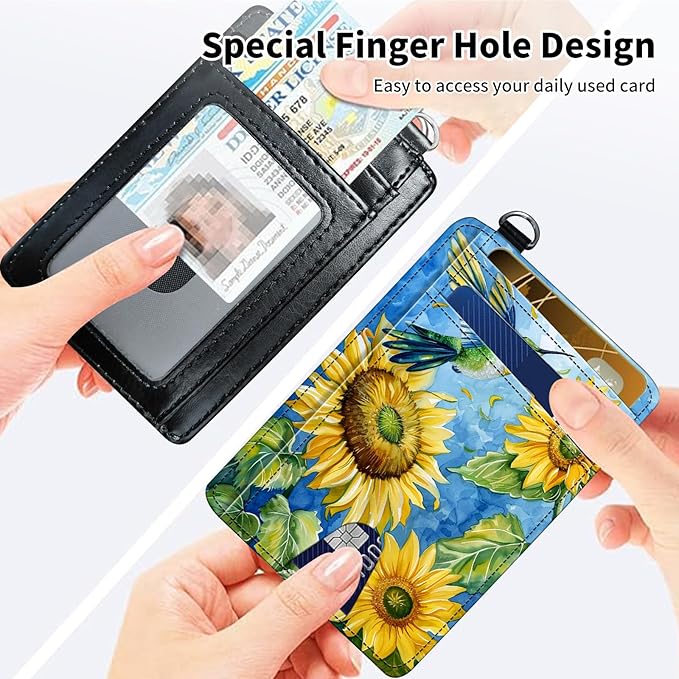 Slim Minimalist Front Pocket Wallet,Credit Card Holder Wallet for Women Men,RFID Blocking Credit Card Holder Case Leather Cute Small Thin Wallet ID Window&Wrist Strap,Watercolor Sunflower Bird