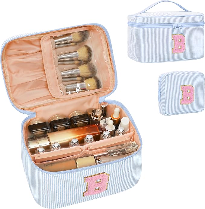 MONSTINA Cute Makeup Bag for Girls&Women Personalized Initial Toiletry Bag,Make Up Case for 11 12 13 14 15 16 Years Old Teen Girls Gift Trendy Stuff Birthday Gift for Her,2PCS Blue B