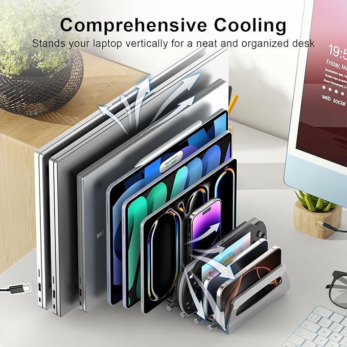 Elestoria 10-Slot Vertical Laptop Stand & Holder ??Adjustable Aluminum Laptop Stand Vertical for Desk Fits 10 Devices, MacBook & Gaming Laptops (Up to 17.3?? ??Space Saving Laptop Storage Rack - Grey