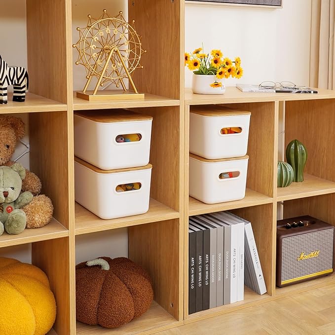 Citylife Storage Bins with Bamboo Lids 7QT Plastic Storage Containers Stackable Organizer Boxes with Handle for Desk Snacks, Toys, 2 PCS, 10" L x 7" W x 5.8" H