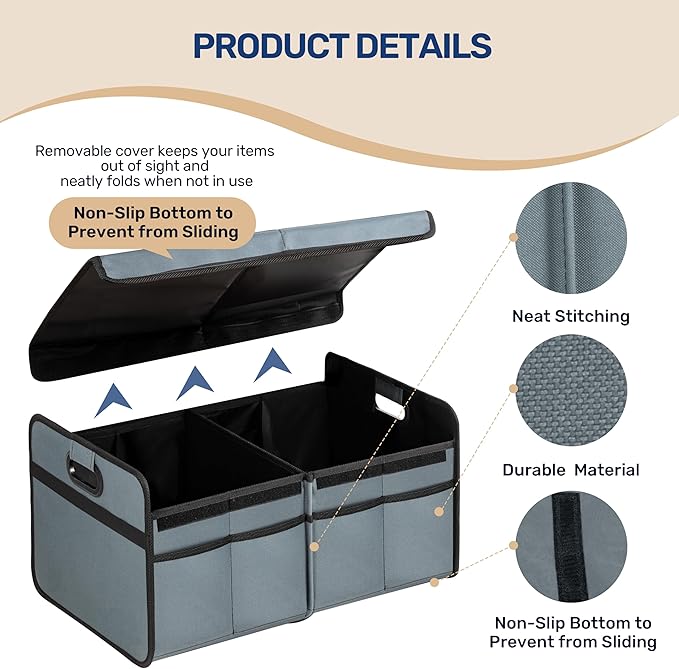 YSSOA 2 Compartments Car Trunk Organizer with Lid, 600D Oxford Polyester Car Storage, Anti-slip Collapsible Trunk Storage, Suitable for SUV, Minivan, Truck, Grey-Green