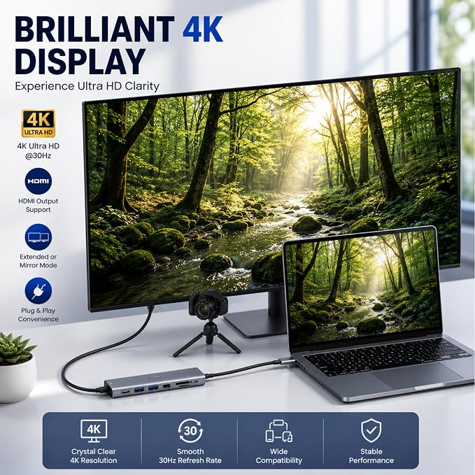 USB C Hub 7-in-1 for MacBook Pro/Air, Multiport Adapter with 4K HDMI, 100W PD Charging, USB 3.0, SD/TF Card Reader, USB-C Docking Station for MacBook, Dell, HP
