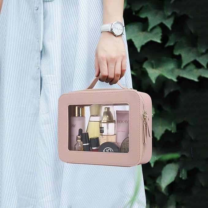 Pinkmik Clear Makeup Bag with Brush Bag Portable Cosmetic Bag Case Travel Toiletry Bag Car Essential for Women (Pink, L+SLIM)