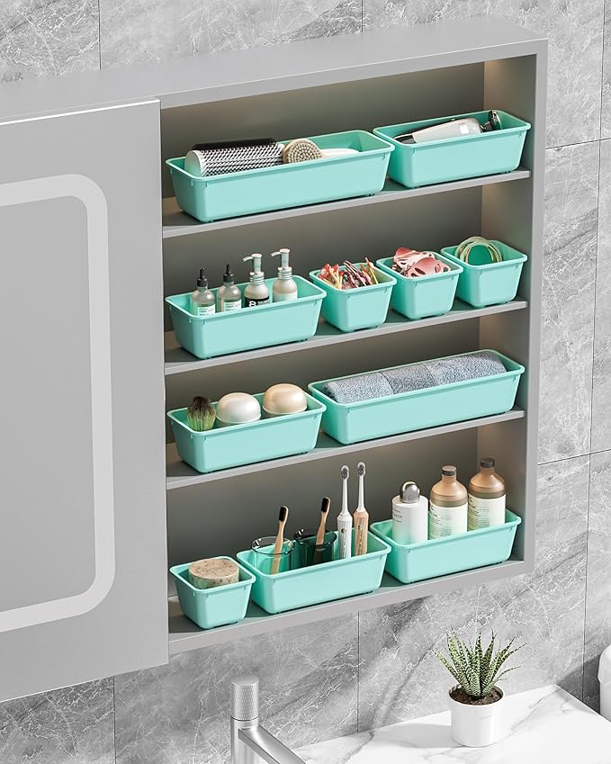 Canfanni 13 Pack Plastic Drawer Organizers Set, 3 Sizes Desk Drawer Organizer Trays for Vanity and Makeup Organizer, Organization and Storage for Makeup, Kitchen Utensils, Bathroom and Office(Blue)