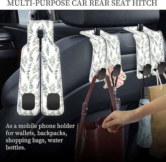 PU Leather Car Seat Hook, Storage Headrest Hanger, Cute Car Backseat Organizer, Car Hooks for Purses and Bags White Leaves