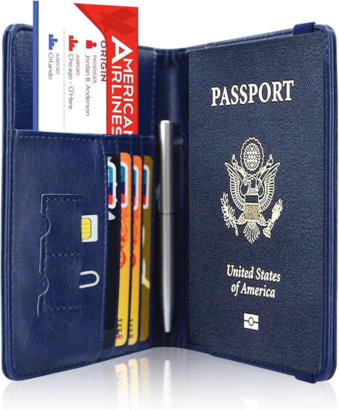 ACdream Passport Holder Cover, Leather Travel Wallet Case, RFID Blocking Document Organizer Protecrtor, with Slots for Credit Cards, Boarding Pass, for Women and Men, Navy Blue