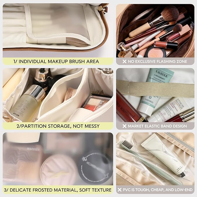GIVLEFLY Makeup Bag for Women, Large Cosmetic Bag, Travel Toiletry Bag, Waterproof Nylon Organizer with Microfiber Leather, Flat Open for Skincare & Brushes