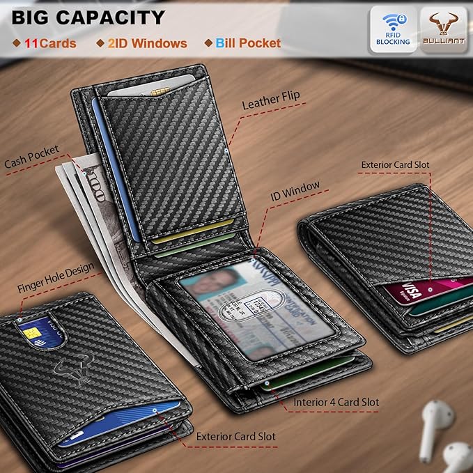 BULLIANT Men Wallet, Slim Leather Wallet Front Pocket Card Holder Gift For Men 11 Slots RFID Blocking