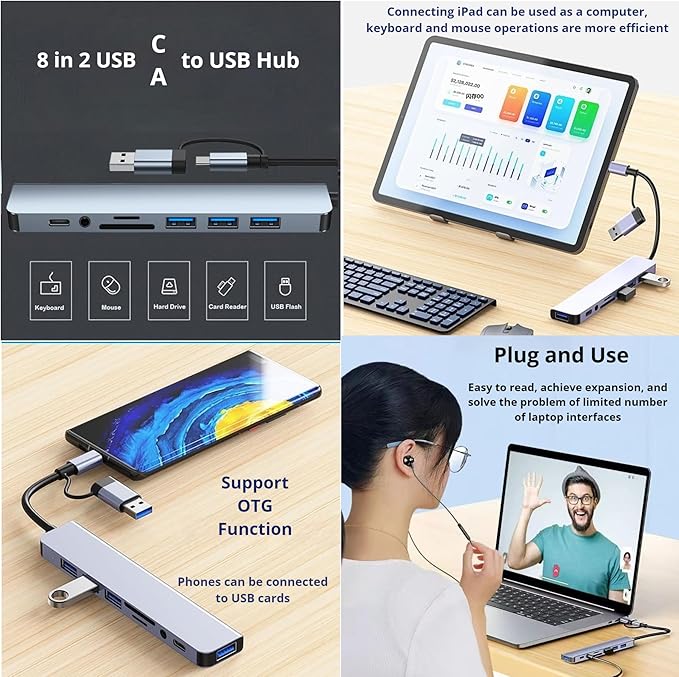 USB C Hub Upgrade 8 in 1 USB Splitter Port Extender for Laptop, USB 3.0 Hub USB Adapter&USB C Splitter 4 USB 1 USBC TF/SD Card Reader Audio Output Compatible with MacBook/Pad/Laptop/Phones