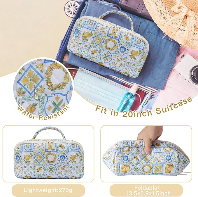COSHAYSOO Large Lay Flat Quilted Travel Cosmetic Bags Organizer for Women Make Up Skin Care Brush Storage, 25th 30th 40th Birthday Gifts for Mom Sister Summer Beach Vacation Essentials Lemon Decor