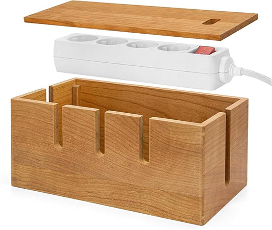 Elitzia Wood Cable Tidy Box Large Desk Cable Management Box Cord Wire Organiser for Hiding Messy Cables Wire Management Natural Cherry Wood Cables Storage Tidy Boxs for Home Salon SPA Office ETCHER01