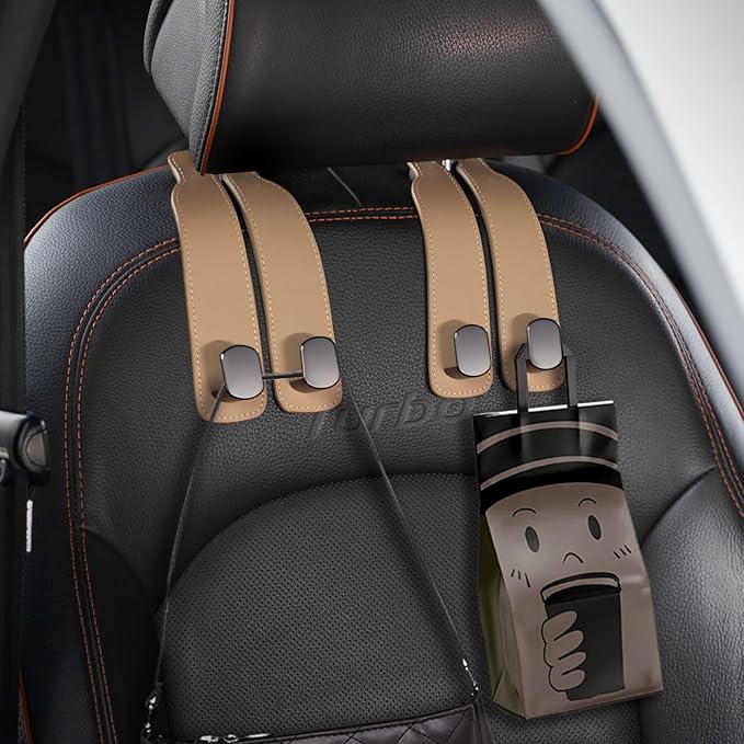 Jayanes Genuine Leather Car Purse Hook - Flexible Car Seat Back Storage Hook for Purses and Bags, Universal Headrest Hooks for Car, Upgraded Car Purse Holder Hanger for Head Rest (Beige-1 Pack)