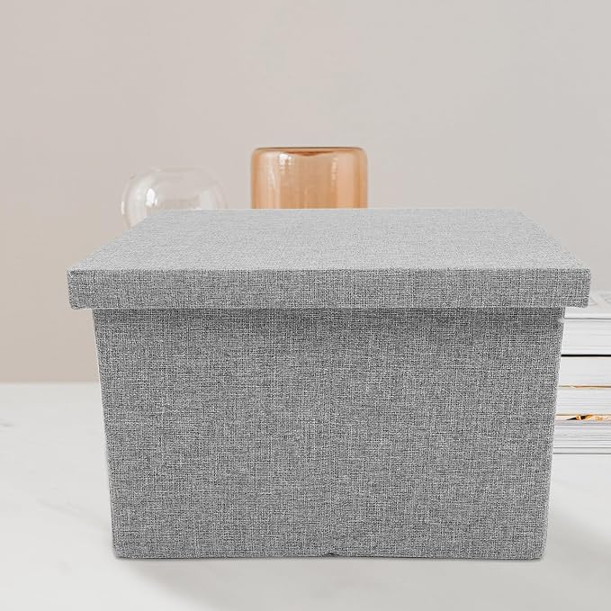 Gray Cloth File Organizer Box with Lid, Office Desk Storage Container for Document Filing and File Carrying, Stackable Desktop Storage Holder for Office Supplies