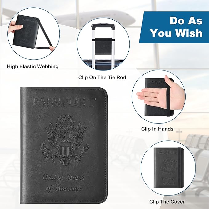 Airtag Passport Holder for Travel Essentials Wallet Rfid Blocking Cover Leather Case Vacation Travel Accessories for Women Men (601#Black)