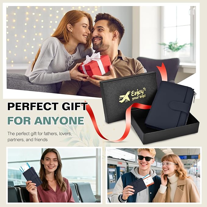 Passport Holder for Travel, Leather Passport Wallet with Airtag Slot, RFID Blocking Travel Wallet for Women Men, Passport Cover with Air Ticket Card Cash Coin Pocket, Travel Essentials Gift