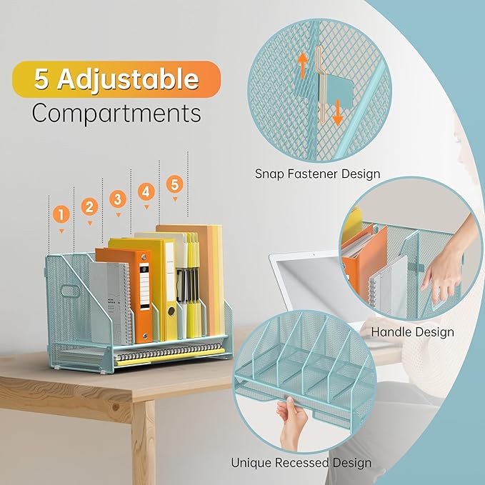 Docnest Desk File Holder Sorter, 5 Vertical Compartments Rack with Letter Tray, Mesh Magazine File Holder with Handle,Workspace Organizers,Desk Organizers for Paper, Mail, Documents-Blue