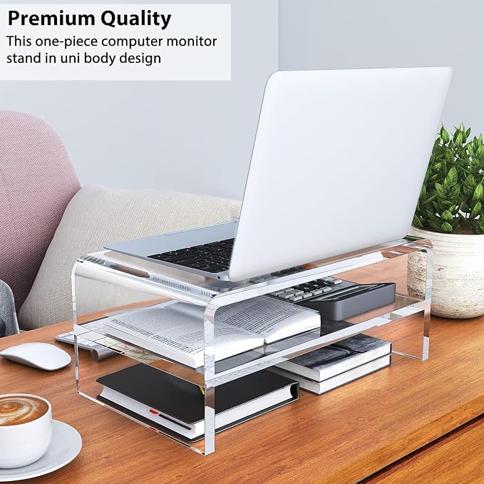Egchi Acrylic Monitor Stand Riser, 2 Tier Clear Computer Monitor Stand for Home Office Business, PC Desk Stand Monitor Riser for Keyboard Storage, Laptop, Printer and TV Screen -12x7.2x5.12 inches