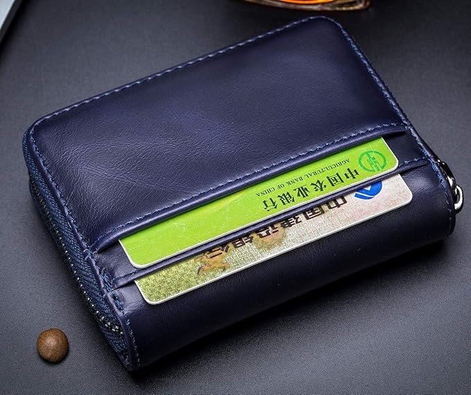 BULLCAPTAIN Genuine Leather Men Wallet Card Holder Cards Zipper Credit Card Pack Case Purse (blue)