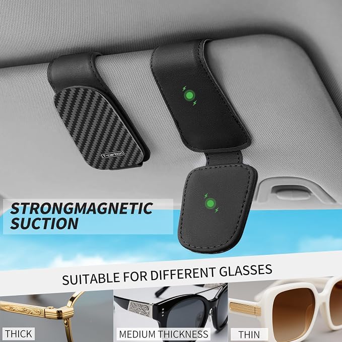 T-carbon Sunglass Holder for Car Sun Visor,Magnetic Leather Sunglasses Hanger,Carbon Fiber Sunglasses Holder and Ticket Card Clip, Car Visor Accessories,Matte Black