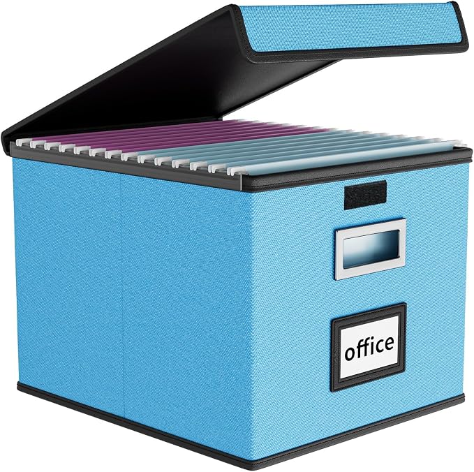 File Organizer Box with Lid, Collapsible File Folder Organizer for Office Document Storage, Filing Box with Plastic Slide for Letter Size Hanging File Folders(1 Pack, Sky-blue)