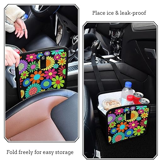 Hippie Flower Car Trash Can Foldable Hanging Car Trash Bag Bin Floral Daisy Colorful Auto Garbage Can Leak-Proof Car Organizer(Large)