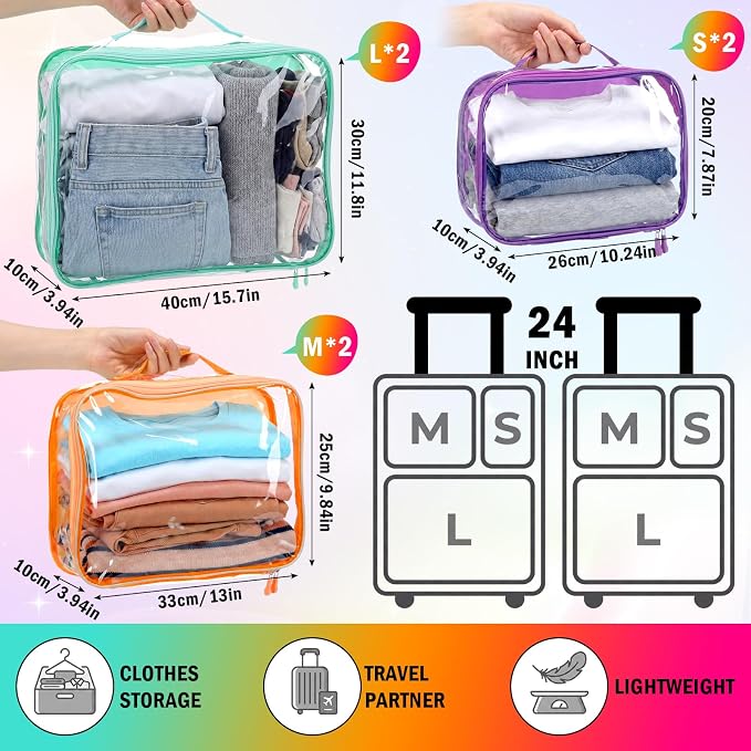 6 Pcs Clear Packing Travel Cubes Set Reusable See Through Premium PVC Plastic Organizer Bag with Handle for Summer Camp Travel Luggage Storage Organizer Multipurpose Pouch Toiletry Bag(Rainbow)