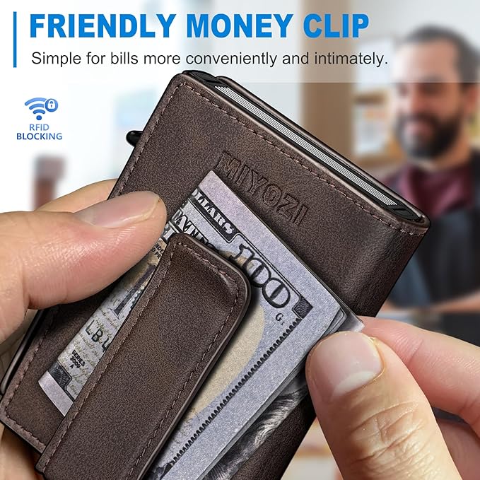 miyozi Men Wallet,with Money Clip Coins Pocket ID Window,Slim Front Pocket RFID Blocking Pop-up Card Holder 3.9"x 2.7", Gift Boxed