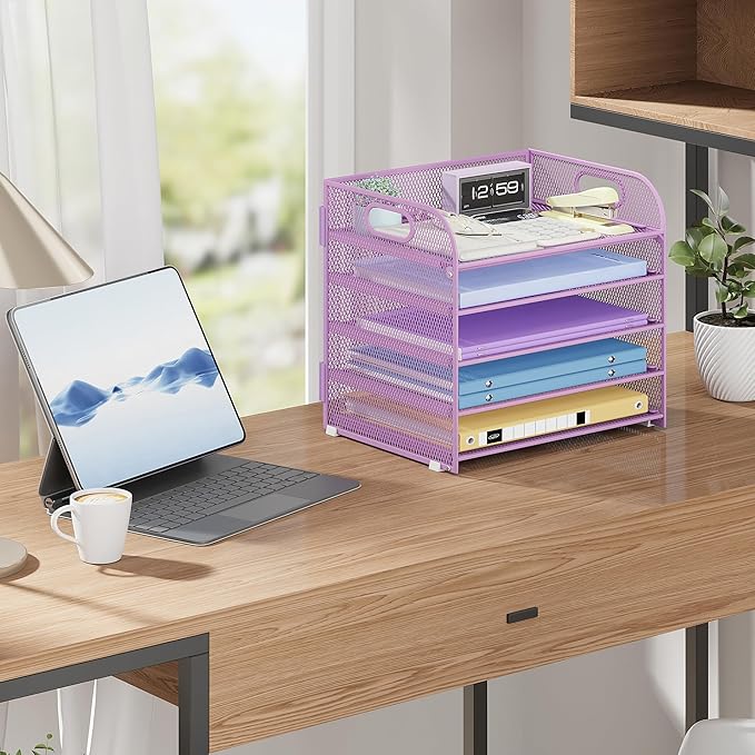 Cawukege 2 Pack 5 Tier Paper Organizer, Letter Tray with Handle, Mesh Desk Organizer, Metal File Organizer, Office Desk Accessories for Home, Office, Classroom, School -Purple