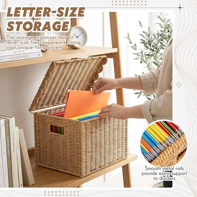 Jingmore Paper Rope File Storage Box with Scalloped Lid Collapsible Letter Size Hanging Filing Organizer Basket for Home Office, Woven Decorative Document Storage Box