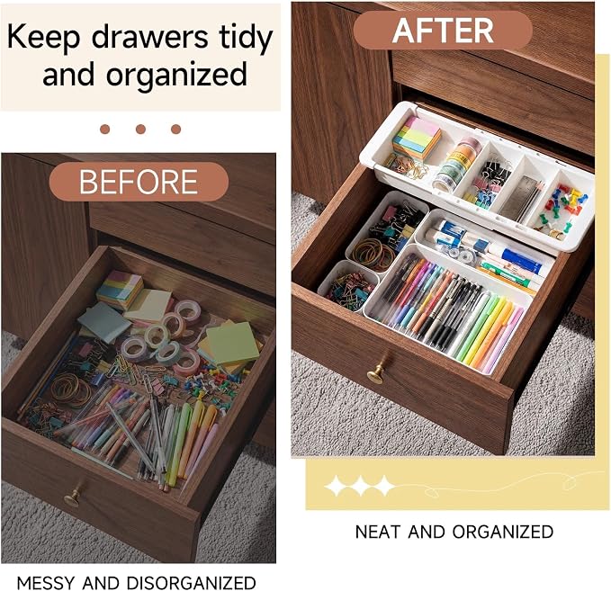 27 Pcs Deep Drawer Organizer Bulk, 2 Expandable Hanging Trays with Plastic Drawer Dividers Organizers, Desk Drawers Organizer Trays for Makeup Kitchen, Bathroom, Office, Bedroom, White