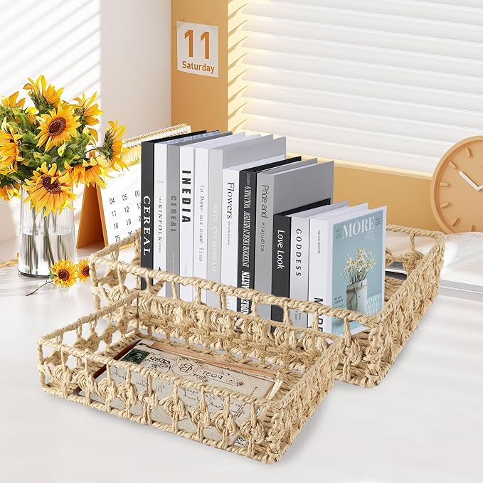 2 Pack File Folders Organizer,Woven Storage Basket for Folders,Mail,Letter,Office Supplies Desk Accessories for Women,Paper Letter Tray Desk Organizer,Stackable File Storage Desktop Organizer
